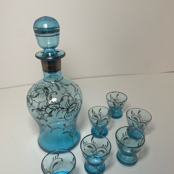 Vintage Art Deco Light Blue Decanter and 6 Cordial Glasses - Picture 8 of 13
